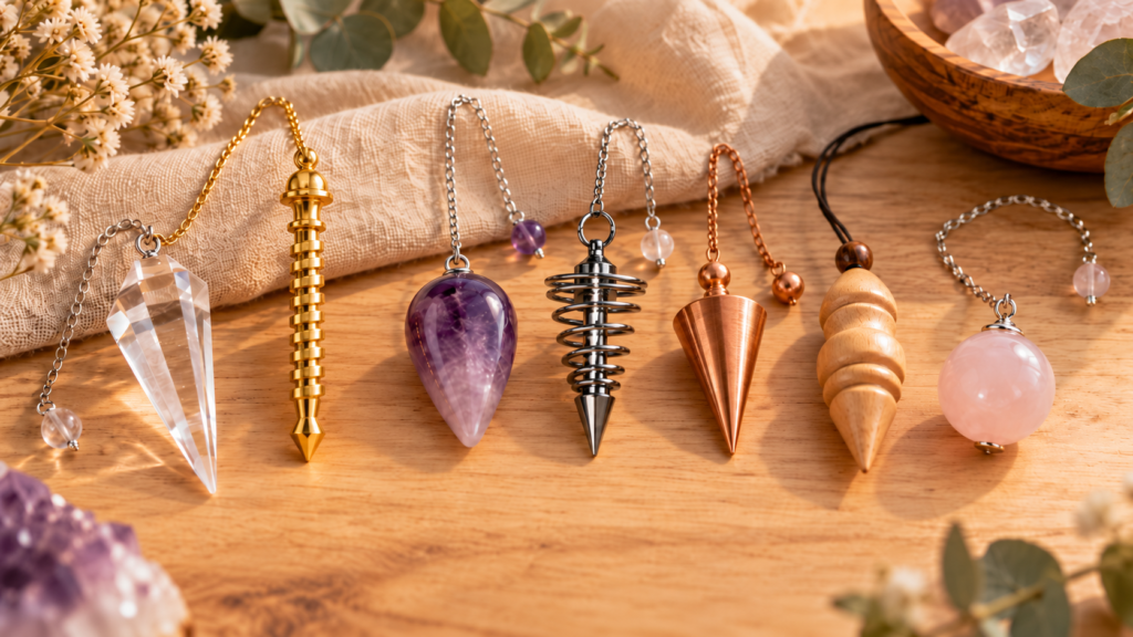 Collection de pendules de radiesthésie : pendule égyptien, pendule bâtisseur, pendule spirale, pendule goutte et autres modèles
