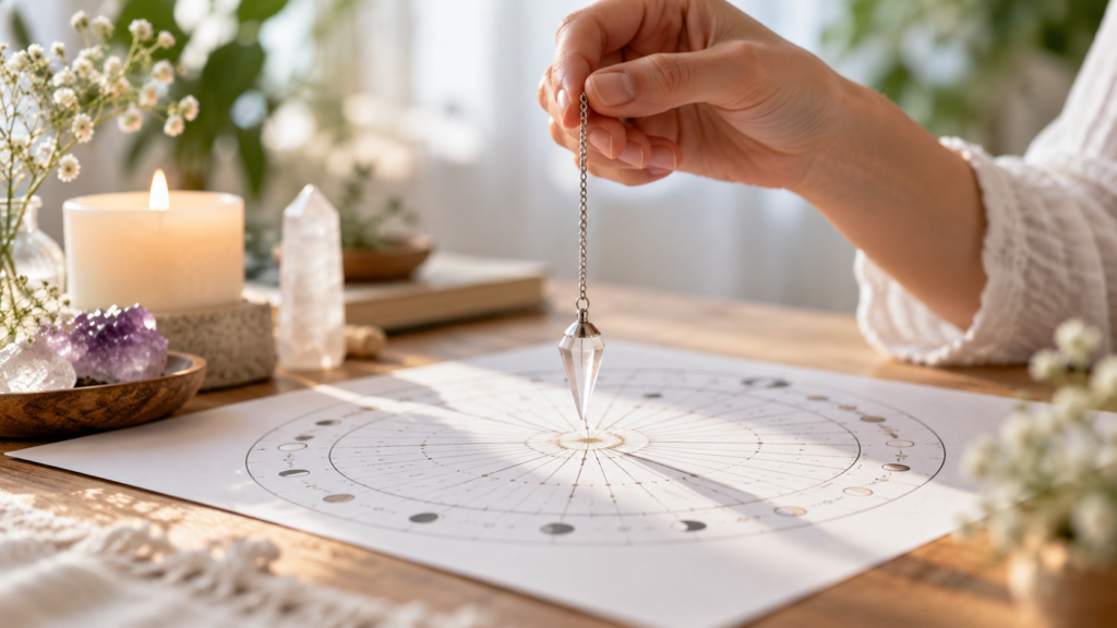 Pendule de radiesthésie en cristal utilisé au-dessus d’un cadran de radiesthésie